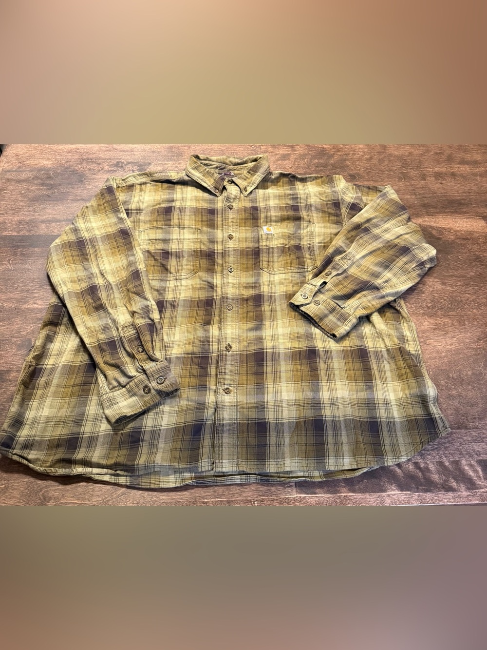 Carhartt Men’s Yellow and Brown Plaid Button-Down Shirt Relaxed Fit 3XL